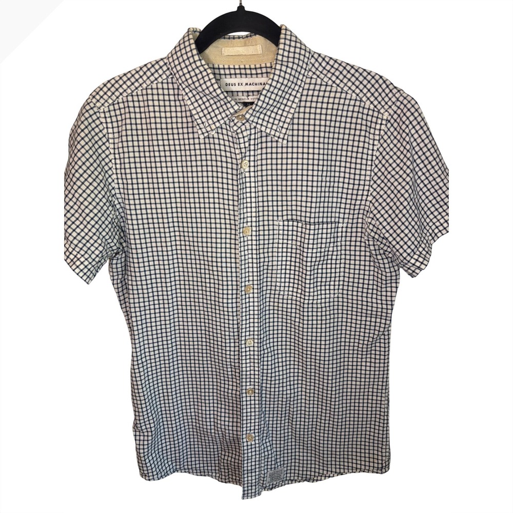 Deus Ex Machina Mens Medium Short Sleeve Button Down Grid Check Shirt Navy White